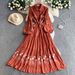 Women's Retro Style Embroidered Round Neck Dress Sweet Tie Waist Slimming Ruffled Long Skirt Spring Autumn_ecoleips.com