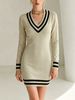 Women Ultra Soft Skin-Friendly Breathable Fine Knit Mini Dress, Contrast Striped V Neck Long Sleeve Stretch Slim Fit Casual Knitted Dress_ecoleips.com