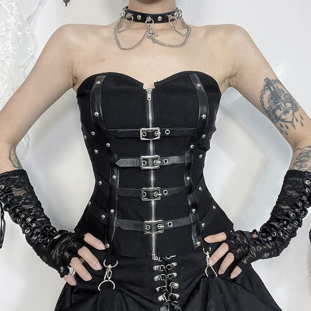 Women's Sexy Hot Girl Fishbone Strapless Leather Buckle Vest Cross Border European American Style Summer 2024 New Arrival_ecoleips.com