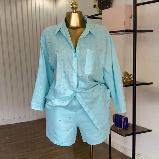 Women's Clothing Summer Fashion Beaded Shirt And Wide Leg Shorts Set For Women Lapel Three Quarter Sleeve Style_ecoleips.com