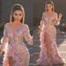 "Lotus Leaf V-Neck Pink Sequin Evening Gown – Elegant High-Slit Dress With Lantern Sleeves_ecoleips.com