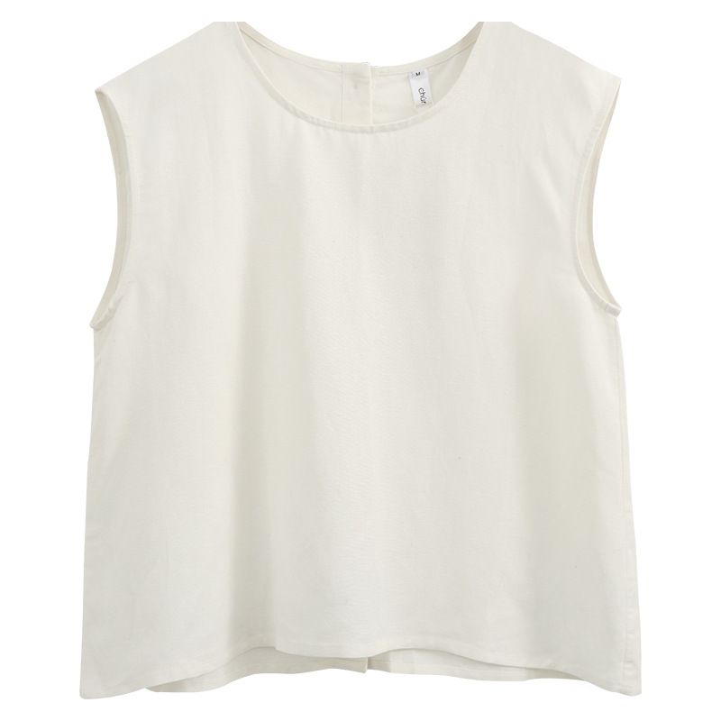 Summer Women's Sleeveless Cotton Linen T-Shirt Top Casual Japanese Korean Style Ramie Cotton Vest Back Slit Design_ecoleips.com