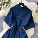 Women's Clothing Retro Denim Suit Drawstring Collar Shirt Top Elastic Waist Wide Leg Slim Fit Trousers_ecoleips.com