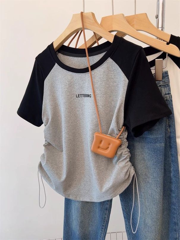 Color Blocked Raglan Short Sleeve T-Shirt Style Drawstring Top Unique Irregular Design For Curvy Women Plus Size Summer Bestseller_ecoleips.com
