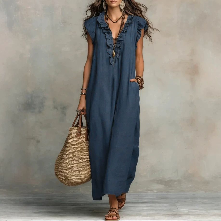 Women's Clothing Summer Casual Long Dress For Women V Neck Ruffled Solid Color Loose Fit With Pockets New European American Style_ecoleips.com