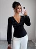 K New V-neck Fashion Handmade Pearl Solid Color Long Sleeved Slim Fit T-shirt For Women_ecoleips.com