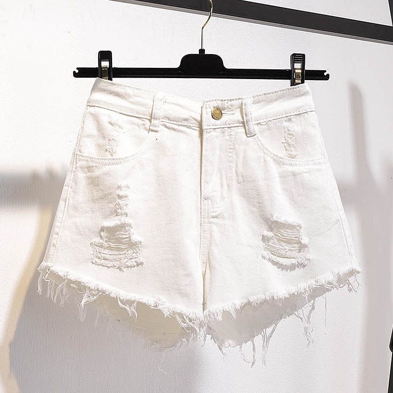 2025s Plus Size Denim Frayed Shorts For Women Summer High Waist Fat MM 100kg Loose Slimming Ripped Wide Leg Student A-line Hot_ecoleips.com