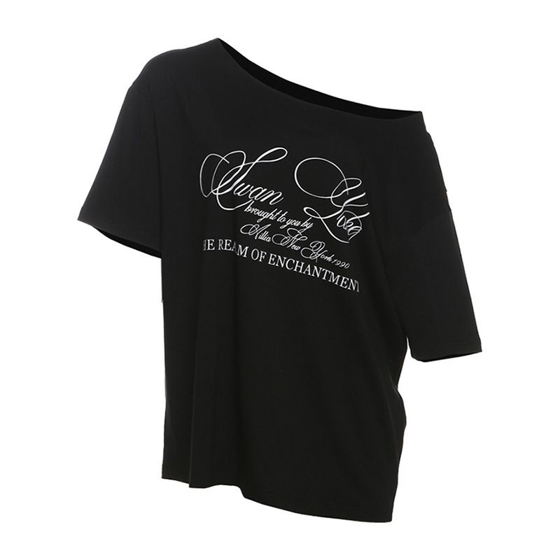 Summer New Women's American Street Style Letter Print Top off Shoulder Short Sleeve Loose T-Shirt 2026_ecoleips.com