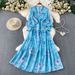 Women's French Style Lace Patchwork V Neck Dress Printed Slimming Long Skirt Single Breasted Waist Cinching Spring Autumn_ecoleips.com