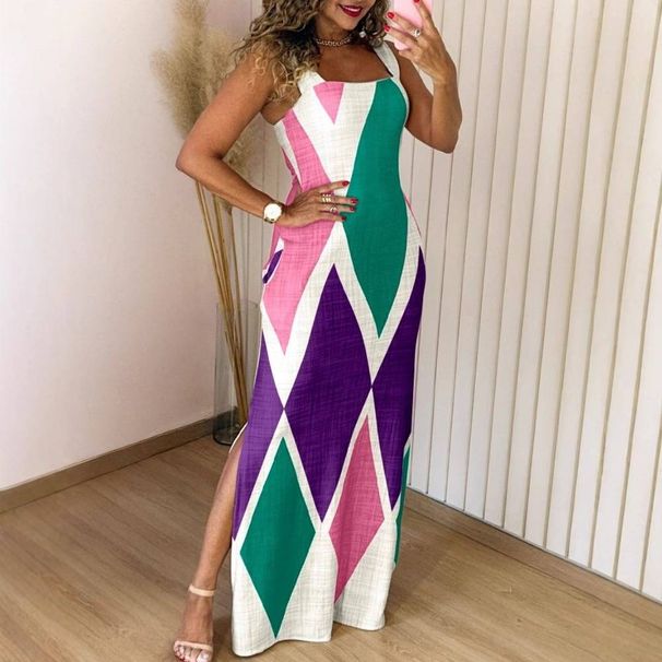 Women's Clothing Summer New Sleeveless Contrast Color Sexy Slim Slit Commuter Dress Women's Clothing_ecoleips.com