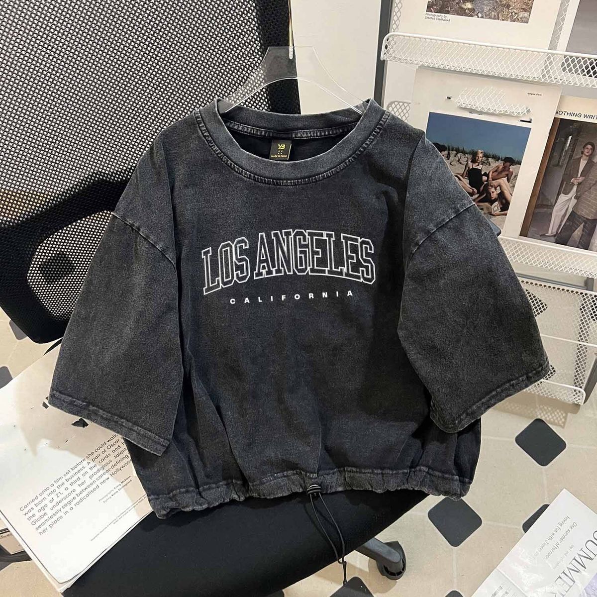 Women's Clothing Drawstring Short Pure Cotton Washed Distressed Round Neck Short Sleeved T Shirt Women's Pure Cotton Letter Print Design Top Ins_ecoleips.com