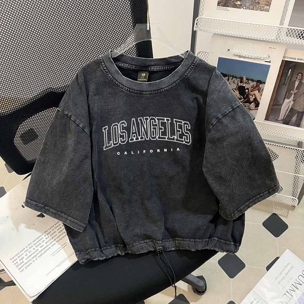Women's Clothing Drawstring Short Pure Cotton Washed Distressed Round Neck Short Sleeved T Shirt Women's Pure Cotton Letter Print Design Top Ins_ecoleips.com