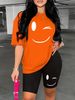 Summer Women's Casual And Fashionable Smiling Face Printed Loose T-shirt+shorts Two-piece Sportswear Suitable For Daily Wear-112_ecoleips.com