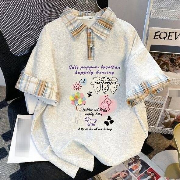 Retro Cartoon Print & Checkered Patchwork Short-Sleeve Top + Lace Trim Jeans Set – Vintage-Inspired Casual Outfit_ecoleips.com