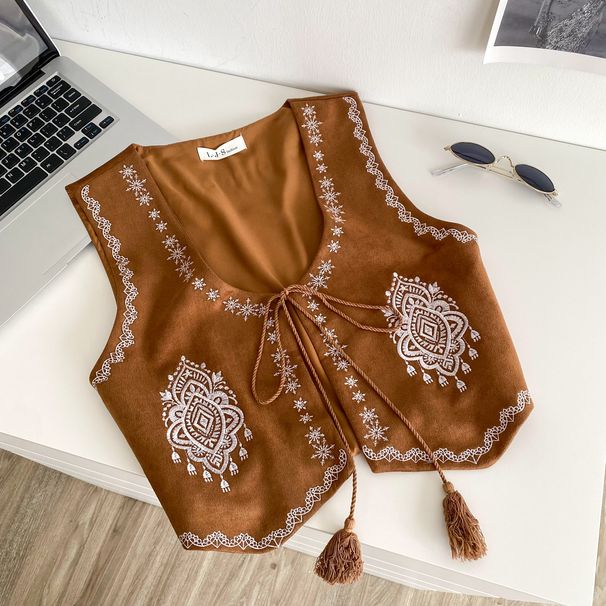 Women's Artistic Retro Style Embroidered Belted Cardigan Vest Heavy Duty Fashionable Short Suede Outerwear Slimming Chic Versatile_ecoleips.com