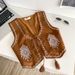 Women's Artistic Retro Style Embroidered Belted Cardigan Vest Heavy Duty Fashionable Short Suede Outerwear Slimming Chic Versatile_ecoleips.com