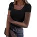 Women's Clothing Threaded Ribbed Sexy Slim Short Sleeved Large U Neck T Shirt_ecoleips.com