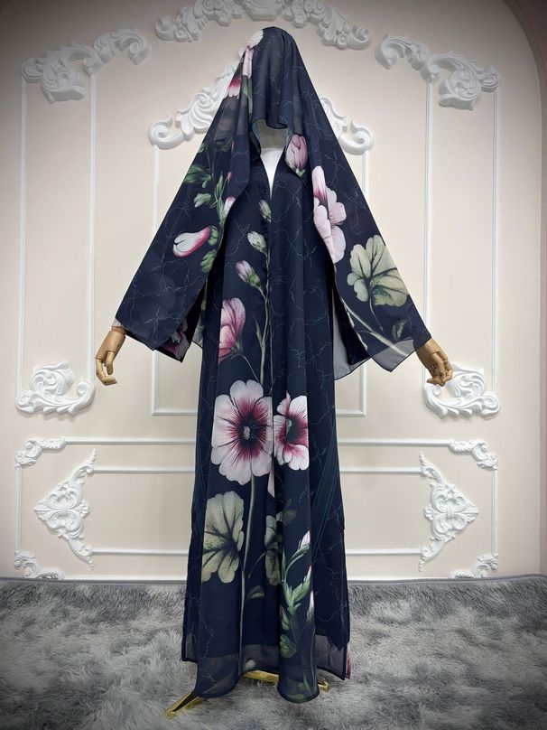 Elegant Printed Robe - Long Sleeve Flowy Abaya With Traditional Floral Design, Sizes S-XXL_ecoleips.com