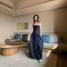 Autumn High Waist Lace-up Waist Bow Solid Color A-word Tube Top Dress Banquet Dress_ecoleips.com
