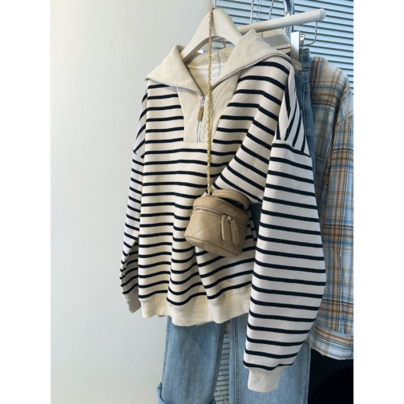 Women's Korean-Style Striped Polo Lapel Long-Sleeved Sweater Autumn And Winter Thin Velvet Padded Loose Casual Half-Zip_ecoleips.com