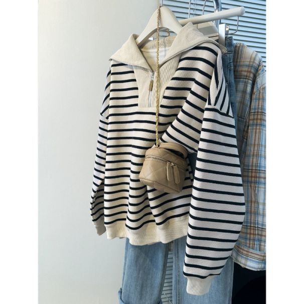 Women's Korean-Style Striped Polo Lapel Long-Sleeved Sweater Autumn And Winter Thin Velvet Padded Loose Casual Half-Zip_ecoleips.com