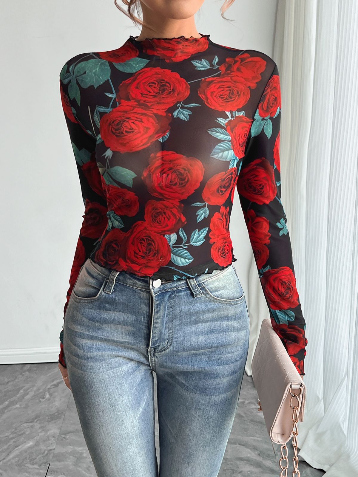 Women's Transparent Top Rose Floral Print Long Sleeve Stand Collar Spring New Arrival 2026 For Europe And America_ecoleips.com