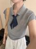 Gray Collared Scarf, Ice Silk Knitted Short-Sleeve T-Shirt Women, New Early Summer Style, Absolutely Beautiful For_ecoleips.com