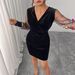Women's Clothing Plus Size Clothes "Sleek V-Neck Velvet Bodycon Dress High Waist Long Sleeve Printed Dress, Elegant & Sexy Fit"_ecoleips.com