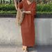 Women V Neck Button Short Sleeve Loose Maxi Dress Summer Female Holiday Beachwear Sand Straight Cotton Linen Party Dress_ecoleips.com