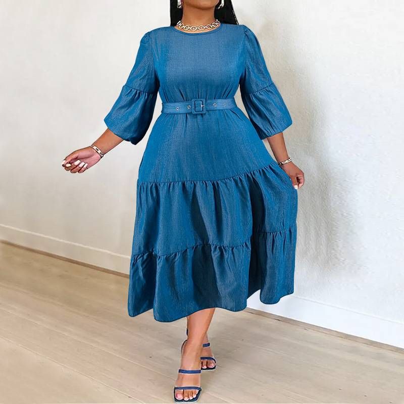 Women's Clothing Large Size Women's Denim Dress Pleated Skirt Including Belt Micro Reflective Color Change New Style_ecoleips.com