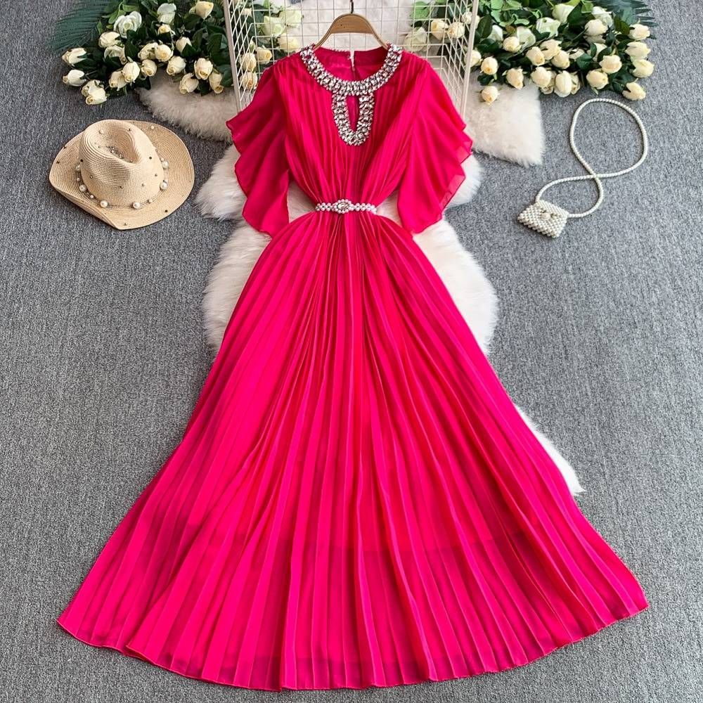 Women's Clothing Light Luxury High End Heavy Diamond Studded Round Neck Lotus Leaf Sleeve Dress For Women Summer Waist Slimming Pleated Long Skirt_ecoleips.com