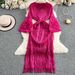 Women's Clothing High Class Lady Elegant Pleated Flower Trumpet Sleeve Dress Female Tie Waist Slim Tassel Long Skirt_ecoleips.com