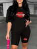 Summer Women's Casual Fashion Zipper Red Lip Print Loose T-shirt+shorts Two-piece Sportswear Suitable For Daily Wear-78_ecoleips.com