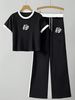 Women's Casual Sporty Two-Piece Set Short Sleeve Top Comfort7able Pants Black White_ecoleips.com