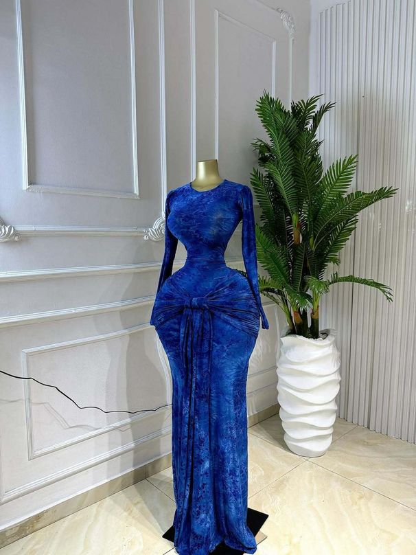 Spot European And American Dresses 2026 Spring INS Temperament Pleated Ribbon Round Neck Long Sleeved Printed Slim Fit Dress Long Skirt_ecoleips.com