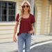 Women's Clothing Pleated Hollow Square Neck Jacquard T-Shirt Short Sleeved Swallowtail Top American Style_ecoleips.com