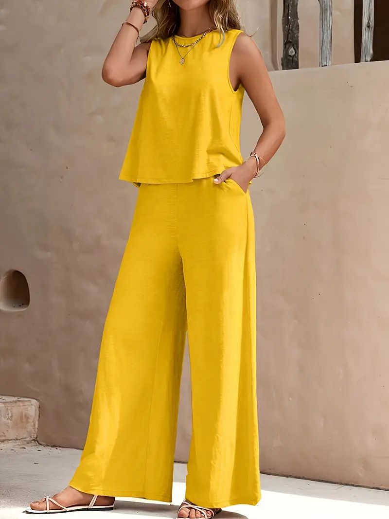 Women's Clothing Solid Color Two Piece Round Neck Vest And Wide Leg Pants Suit For Women_ecoleips.com