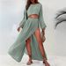 High Waist Chic Slit Cropped Top Women's Casual Holiday Two Piece Set Linen Blended Cotton Regular Fit Spring/Autumn Season_ecoleips.com