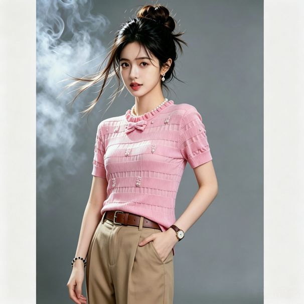 Cute Gily Style, Sweet And Youthful, Floal Bow Hollow-out Pullove Knitted Shot-sleeve T-shit Top Fo Women In_ecoleips.com