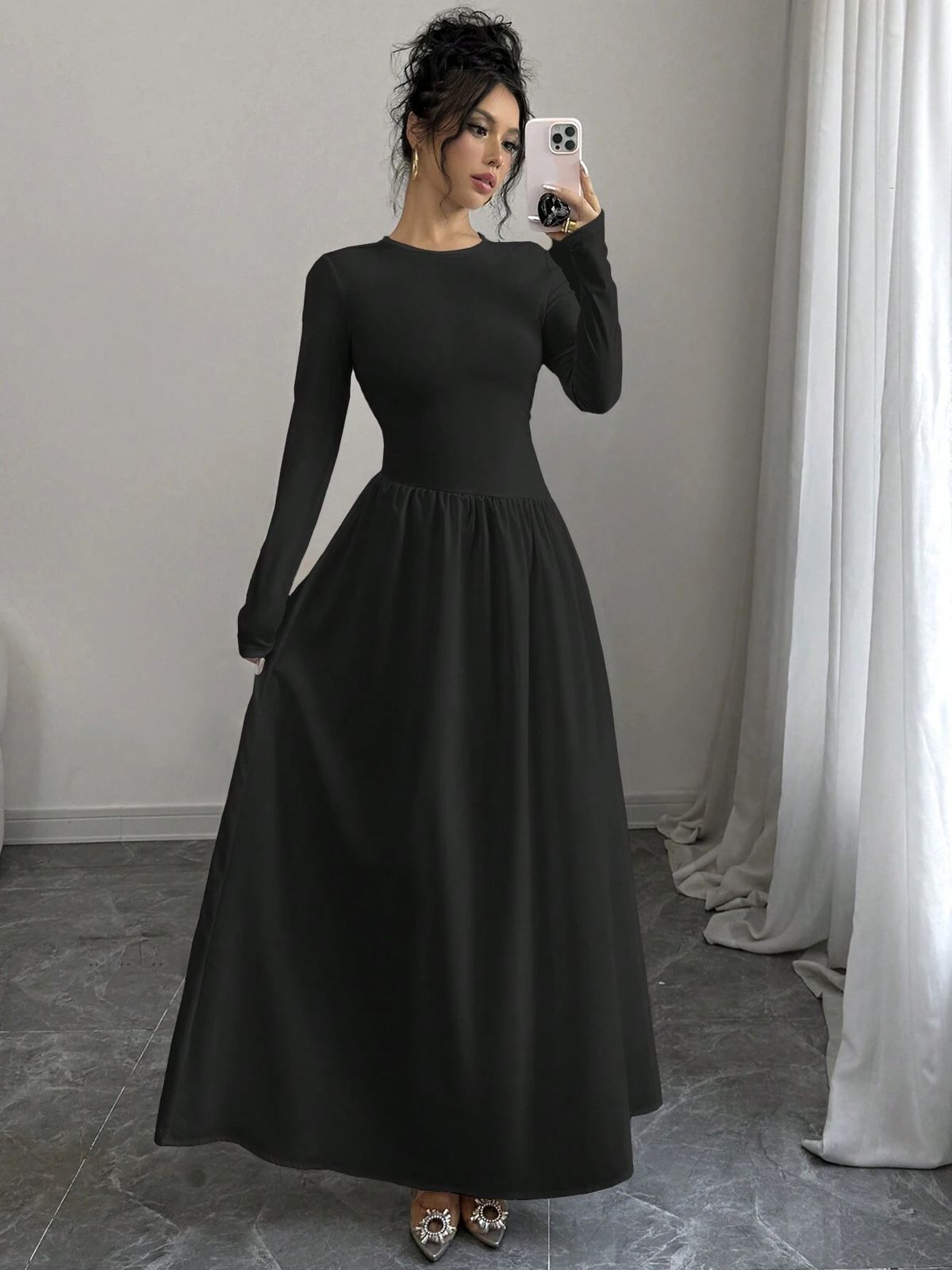 Weekend Brunch Elegant French Style Black Dress American Round Neck Long Sleeved Women's Clothing_ecoleips.com