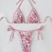 Tie-Front Bikini Set – Retro Print & Solid Color Swimwear, Adjustable Straps, Polyester & Spandex Mix_ecoleips.com