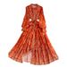 Women's French Style Retro Sweet Floral Dress Lantern Sleeve Tie Waist Slimming Long Skirt For Spring And Autumn_ecoleips.com