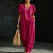 Women's V-Neck Bubble Sleeve Short Sleeve Top And Shorts Set, Solid Color Casual Summer Outfit_ecoleips.com