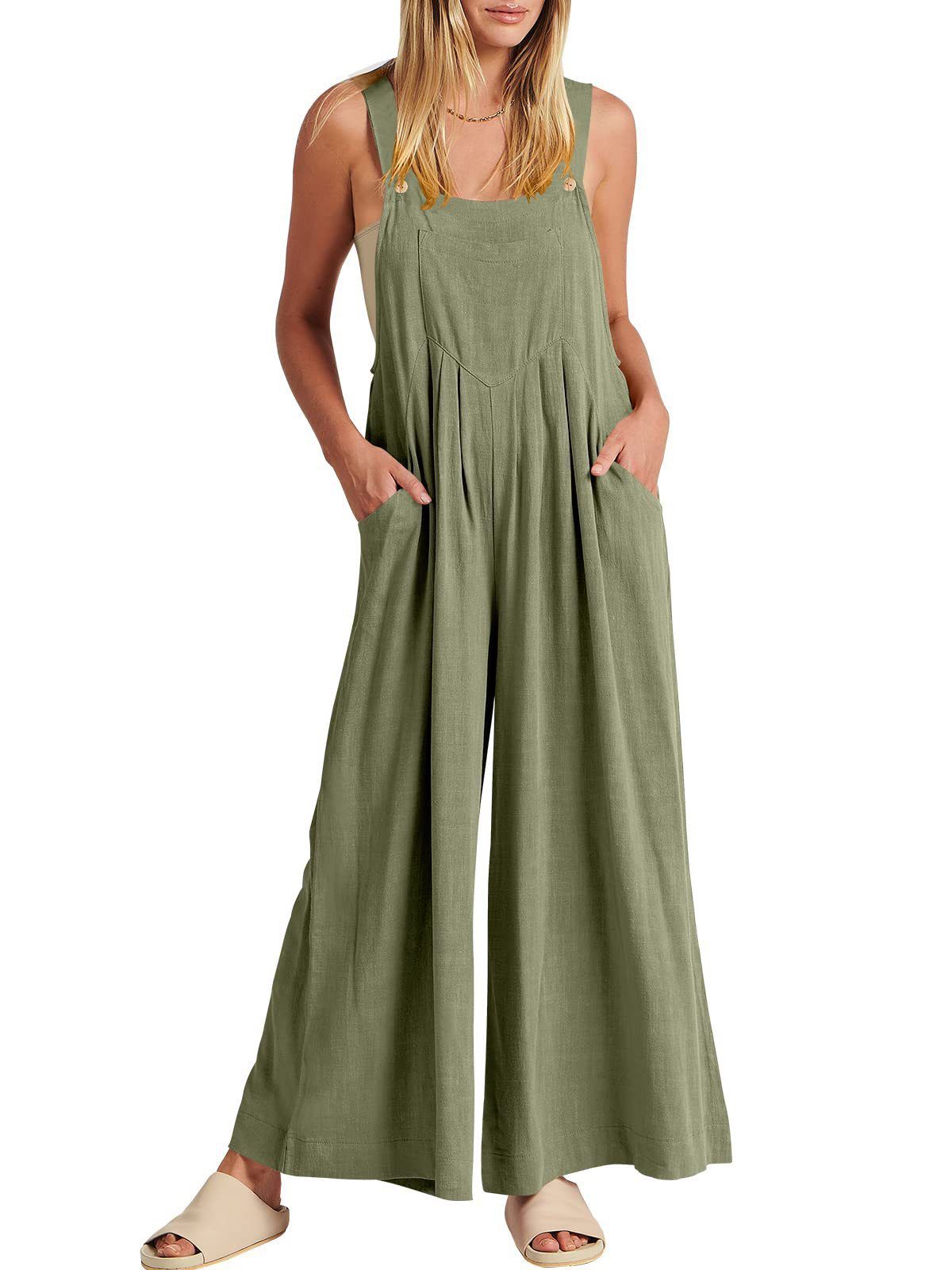 Women's Solid Color Loose Casual Cotton Linen Jumpsuit Overalls_ecoleips.com