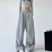 American Style Gray For Women Spring And Autumn New High Wait Straight Looe Caual Sweatpant Cargo Wide Leg_ecoleips.com