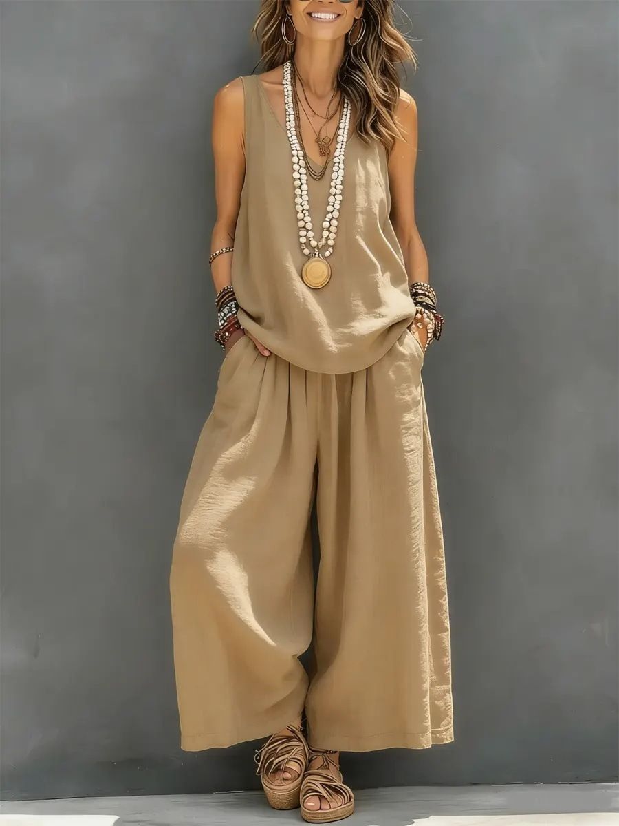 Women's Cotton Linen Two Piece Set V Neck Vest And Trousers Solid Color Clothing_ecoleips.com