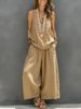 Women's Cotton Linen Two Piece Set V Neck Vest And Trousers Solid Color Clothing_ecoleips.com