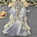 Pleated Floral Print Dress With 3D Embroidery, Bell Sleeves & Elastic Waist, Boho Chic Maxi Dress For Women, One Size Fits Most_ecoleips.com