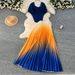 Women's Slim Fit Pleated Suit Set Sparkling Short Sleeve Top & High Waisted Gradient Pleated Skirt Summer Casual Bohemian_ecoleips.com