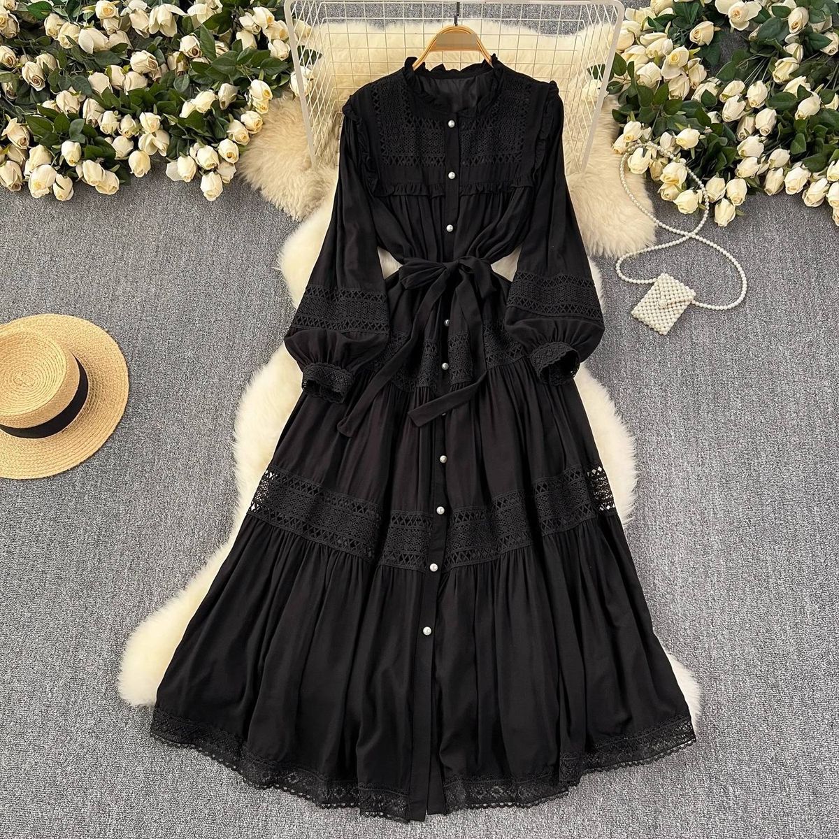 French Light Luxury Retro Sleeveless Collar Printed Dress Women's Summer Waist Slimming Elegant Lady Long Skirt_ecoleips.com